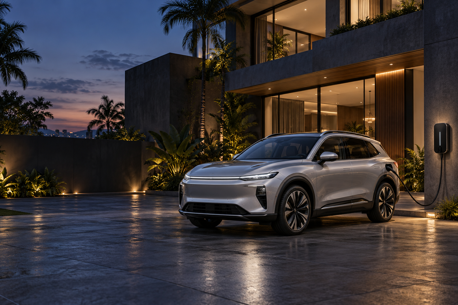 Electric SUV connected to a home wall charger beside a contemporary tropical house